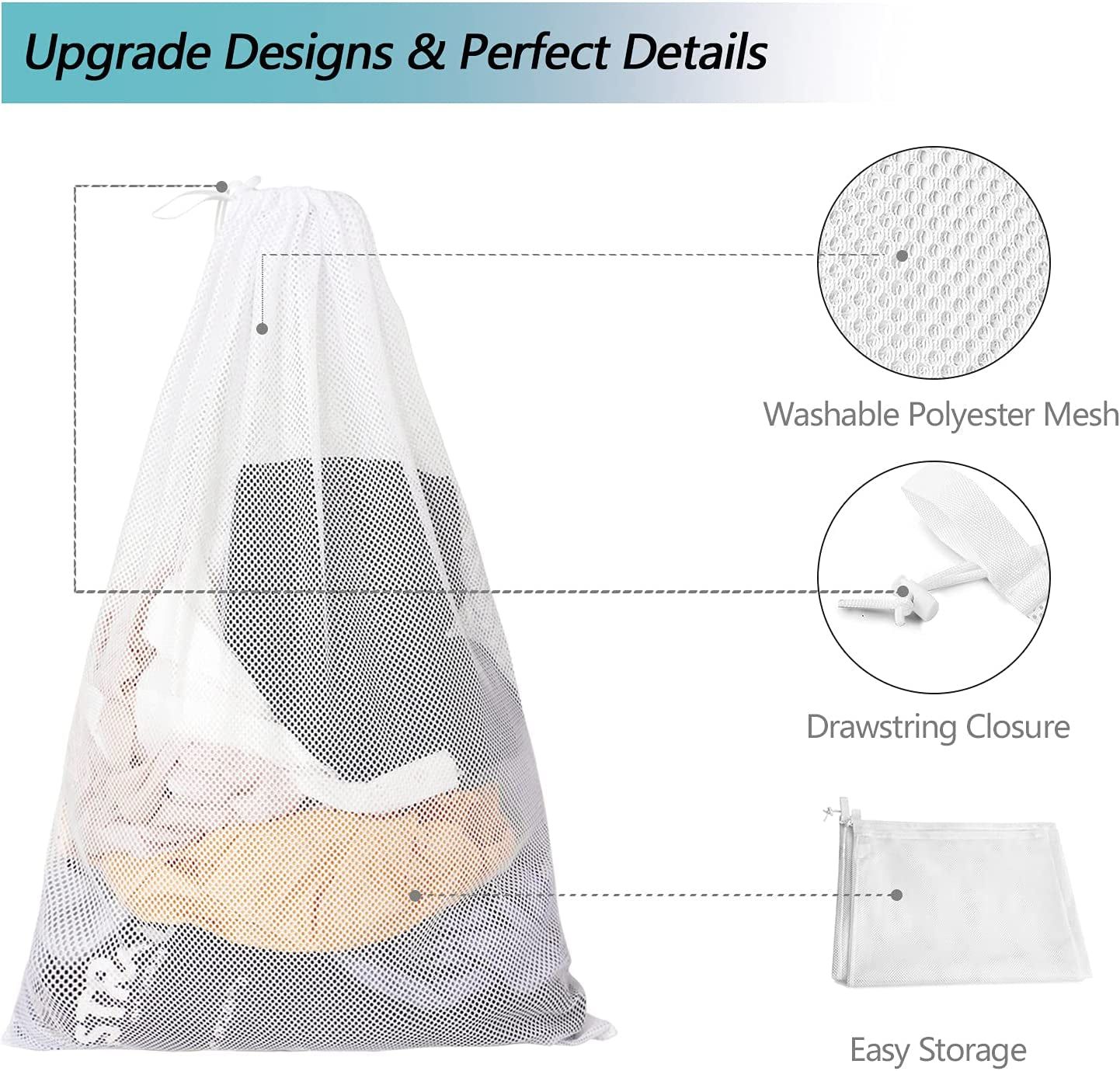 Amazon Brand -  Laundry Bag Sturdy Mesh Bag 2 Extra Large and 1 Large with Drawstring Closure for College, Dorm and Apartment Dwellers - 3-Set (2XL+1L)