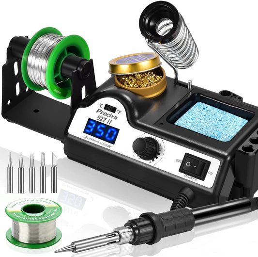 Soldering Iron Station, 60W Professional Digital Soldering Station, 90-480℃ Temperature Adjustable Repair Tool Kit with Soldering Tips, Solder Wire and Frame, Sponge, Suction Device, Etc.