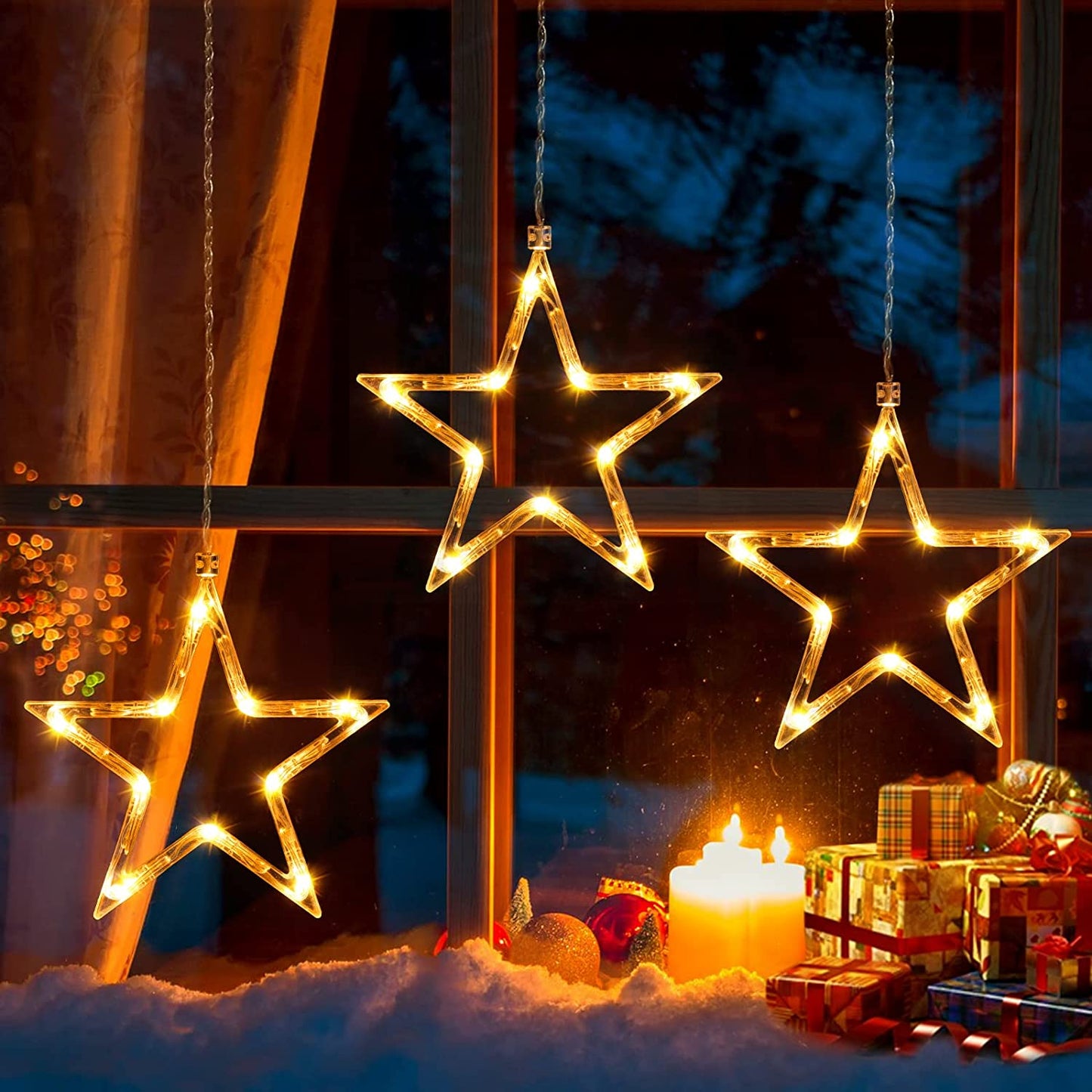 Chritmas Window Lights Indoor Outdoor, 3 Stars Lights 30 Leds Battery Operated Timer for Hanging 8 Modes Warm White Star String Lights, Xtmas Lights Decorative Light for Window, Door, Wall