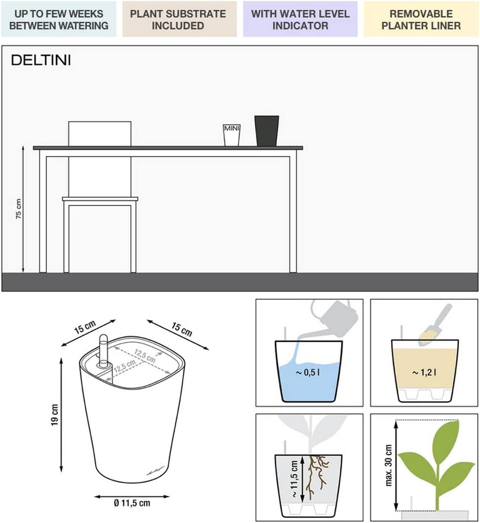 DELTINI Self Watering Planter Small Flower Plant Pot Indoor Table Planter without Drainage Hole with Plant Substrate Poly Resin D14 H18 Cm Charcoal Metallic