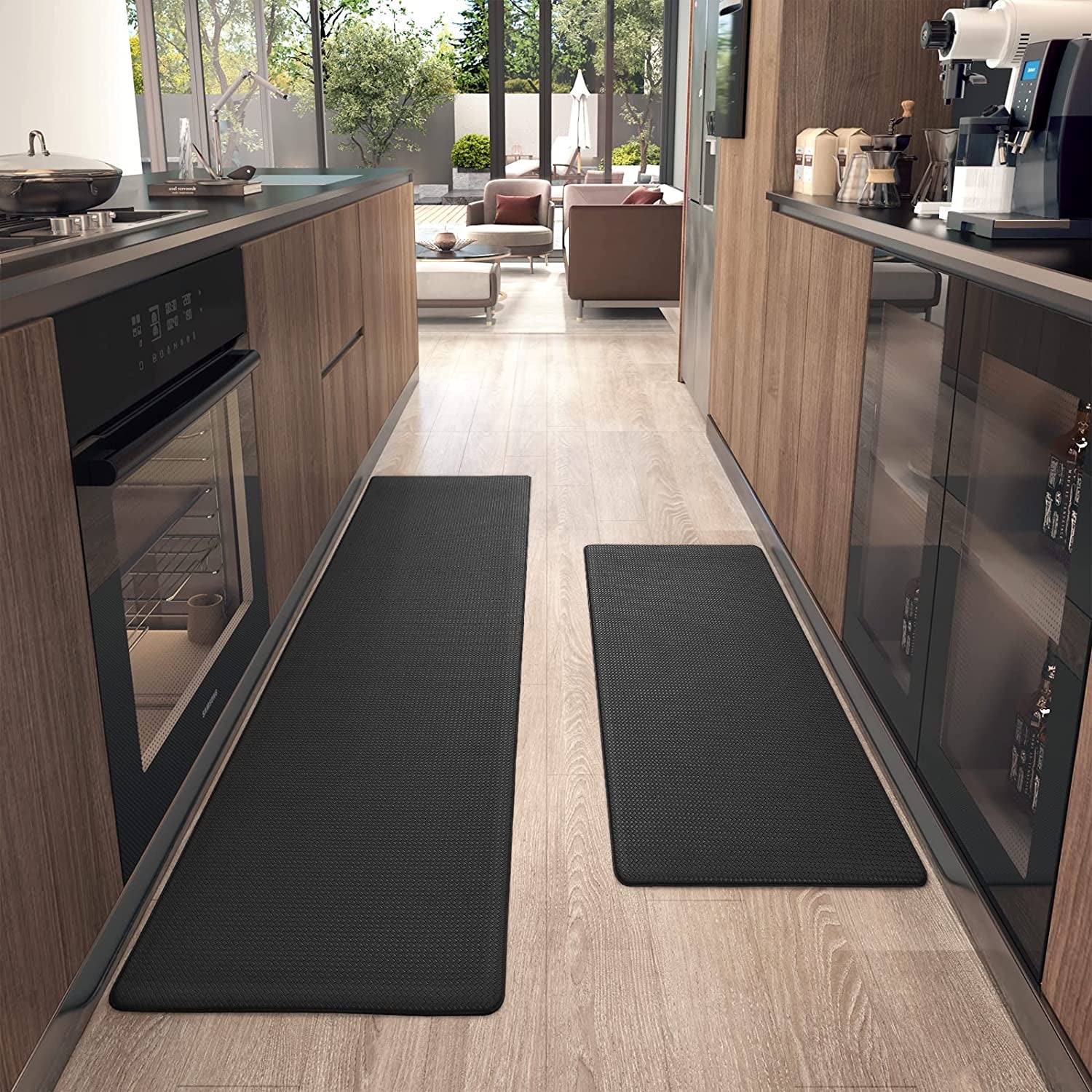 Color G 2 Piece Kitchen Mats Rug Set, anti Fatigue Standing Mat Area Rugs Waterproof Leather, Non-Slip, Oil Resistant Floor Mats for Kitchen, Office (43 X 75 Cm + 43 X 150 Cm, Black)