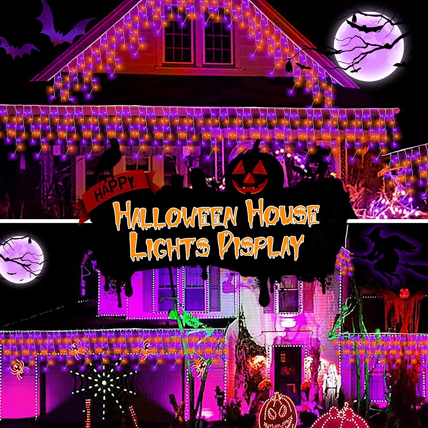 Heceltt Halloween Lights Outdoor Decorations, Icicle Lights 40M 1280 LED 8 Modes Mains Powered Orange and Purple Lights, Clear Wire Outdoor Icicle Light with Timer Memory for Roof Window Party Decor