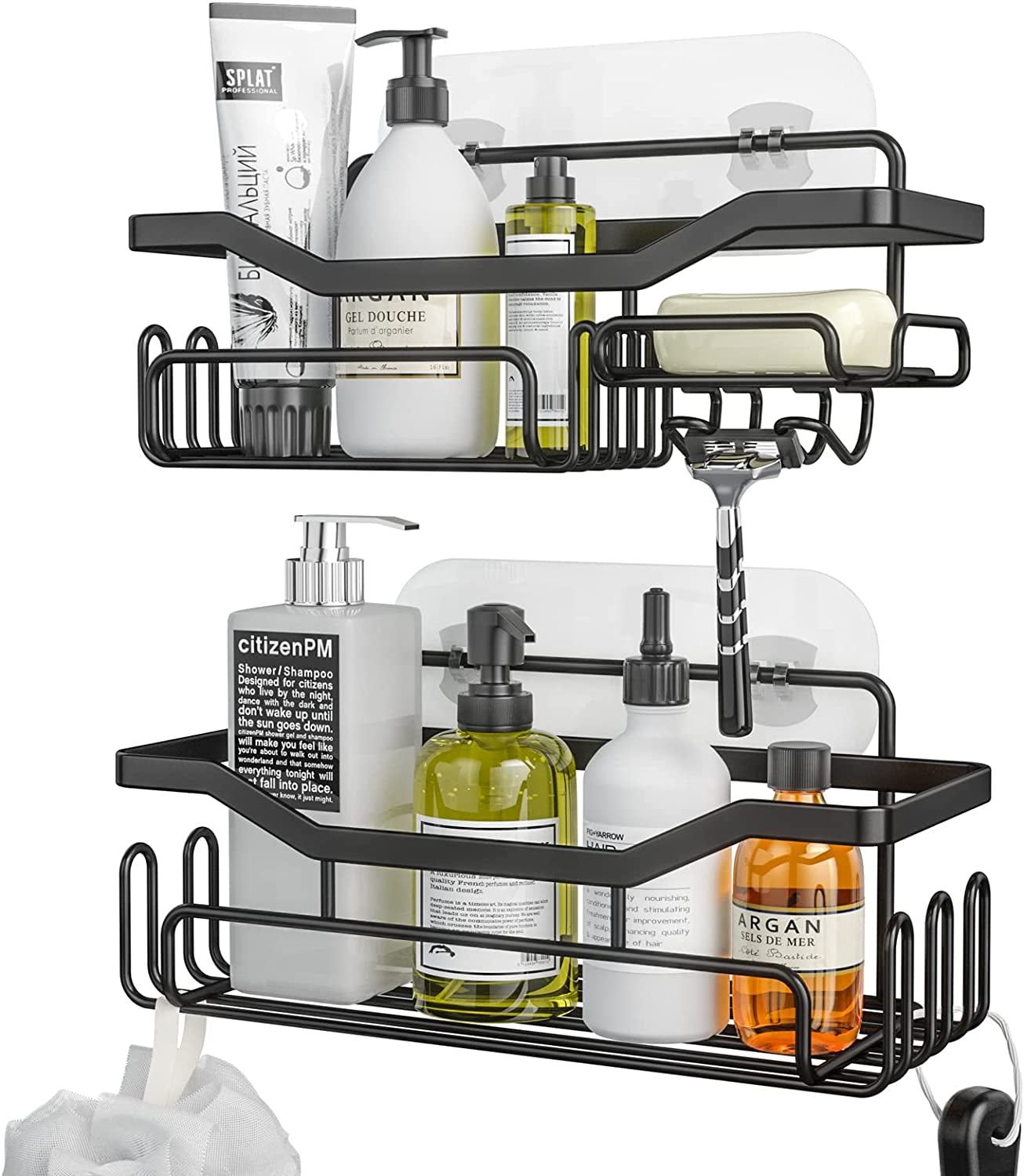 Bathroom Storage Shower Shelves, Shower Caddy with 11 Hooks, Bathroom Shelf with Razor Holder,Soap Dish,Towel Hook Bathroom Organiser, Bathroom Accessories Black,3 Sticker,2 Pcs