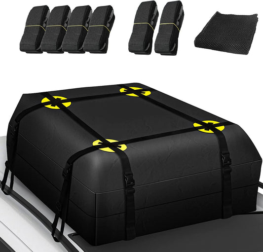 Car Roof Bag Waterproof, Car Roof Box with Anti-Slip Mat and 6 Heavy-Duty Straps, Roof Bag Suitable for All Vehicle With/Without Rack (15 Cubic Feet/425 Liters)