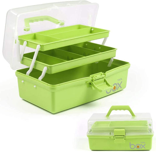 12In Three-Layer Multipurpose Storage Box Organizer Folding Tool Box / Art & Crafts Case / Sewing Supplies Organizer / Medicine Box / Family First Aid Box with 2 Trays (Green)