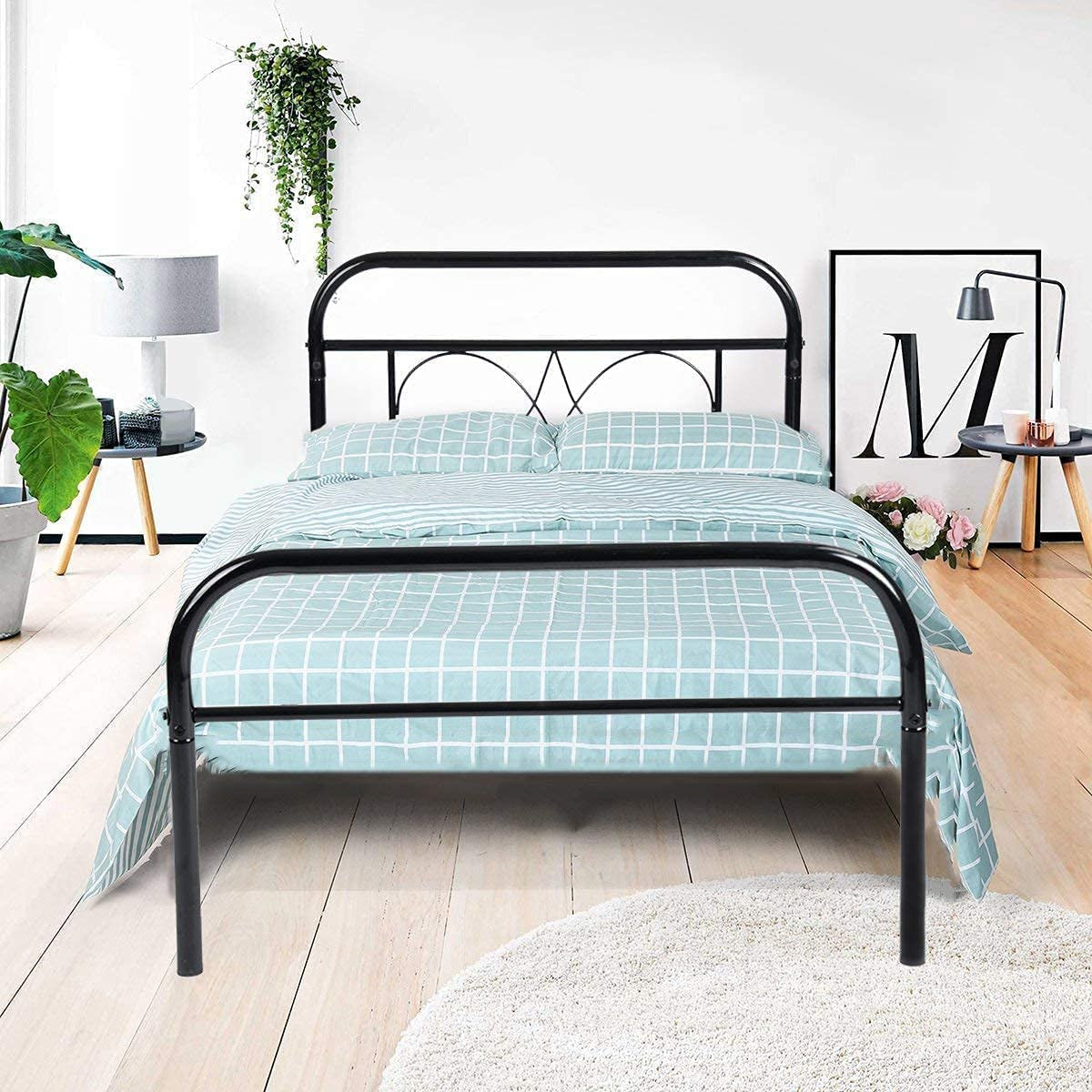 Single Bed Frame Headboard 3Ft Single Metal Bed Frame Solid Bedstead Base for Children Kids Adults Black Fits for 90 * 190 Cm Mattress Black