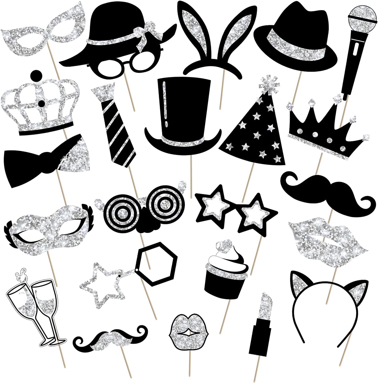 24 Pieces Party Photo Booth Props Mix of Hats, Wine Glass, Lipstick, Tie, Crowns for Birthday Weddings New Years Graduation Party Supplies (Silvery)