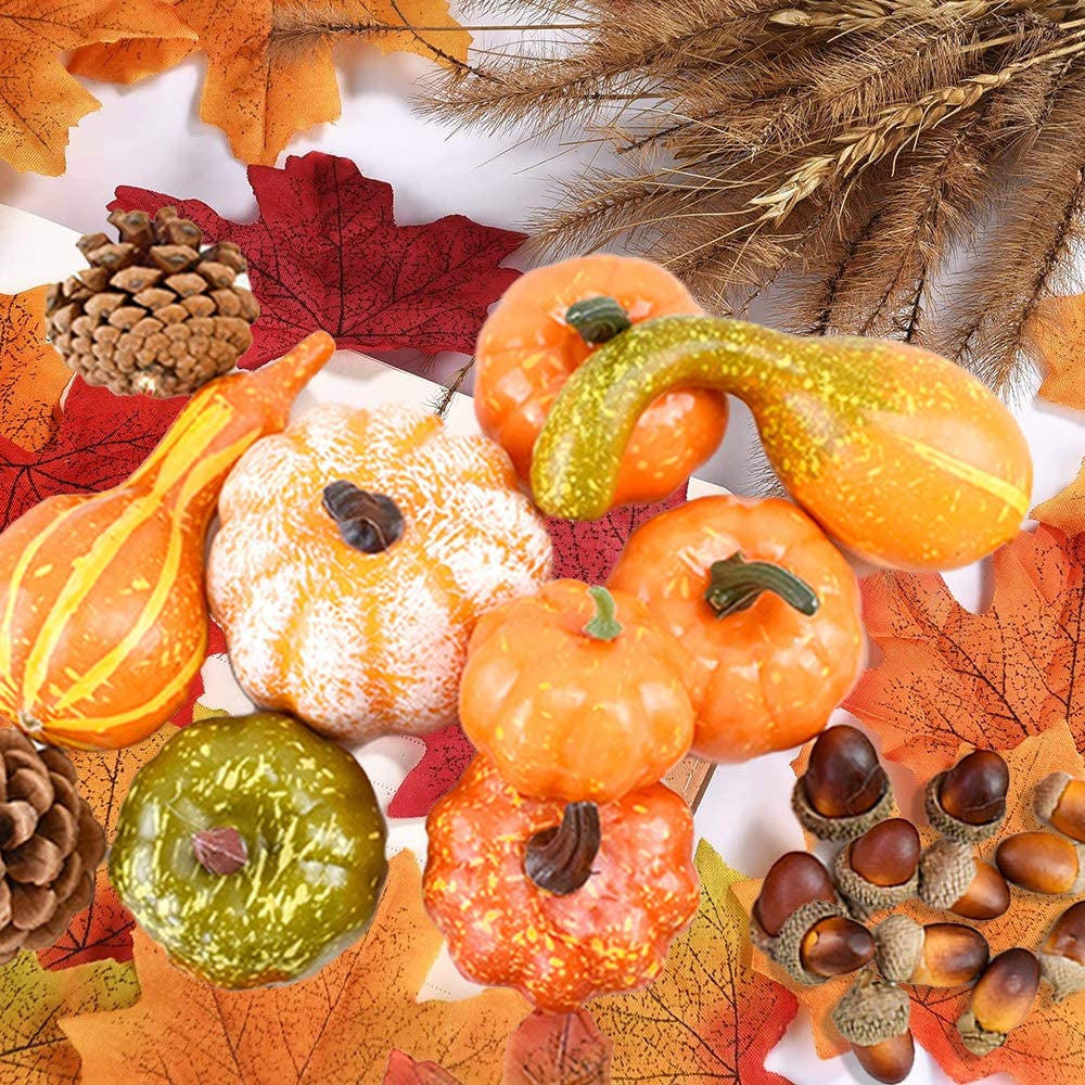 70Pcs Thanksgiving Decoration Set, Artificial Maple Leaves, Harvest Pumpkin, Small Acorns, Pine Cones and Gourds for Autumn, Fall and Halloween Home Party Decoration