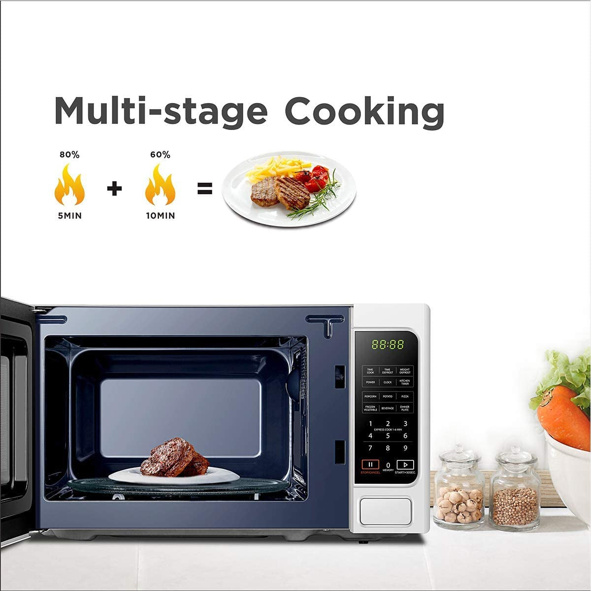 800W 20L Microwave Oven with 6 Preset Recipes, 11 Power Levels, Procedural Memory, Auto Defrost, and Digital Display - White - MM-EM20P(WH)