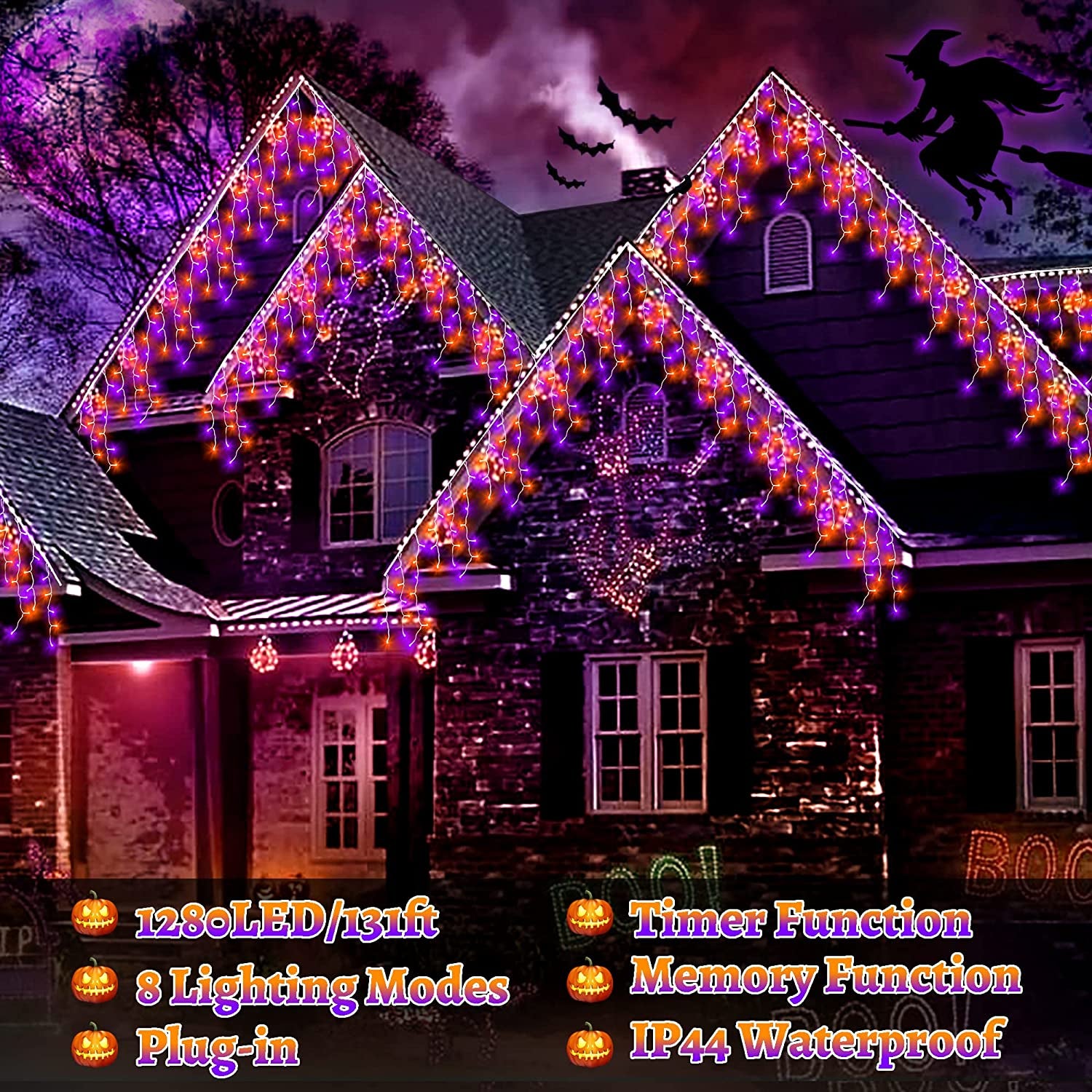 Heceltt Halloween Lights Outdoor Decorations, Icicle Lights 40M 1280 LED 8 Modes Mains Powered Orange and Purple Lights, Clear Wire Outdoor Icicle Light with Timer Memory for Roof Window Party Decor