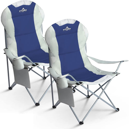 Wyldness Premium Padded Camping Chairs Set of 2 - Luxury Collapsible Outdoor Seats with Side Pockets & Cup Holder, Lightweight, Heavy-Duty & Waterproof for Garden, Fishing, Picnic, Travel (Blue)