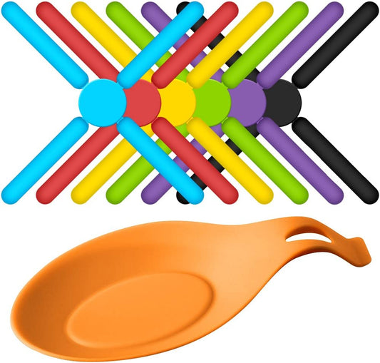 6 Pack Non-Slip Foldable Silicone Trivets,  Collapsible Cross Design Silicone Trivets in Cute Colors, Silicone Pot Holder, Hot Pad, Pot Holder, Free Bonus Spoon Rest/Balloon Whisk Rest