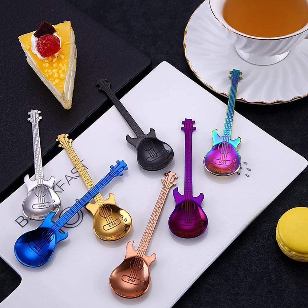 Guitar Coffee Teaspoons, 7Pcs Colorful Stainless Steel Musical Coffee Spoons Cute Tea Spoons Set Stirring/Mixing/Sugar/Dessert/Jam/Ice Cream Spoon