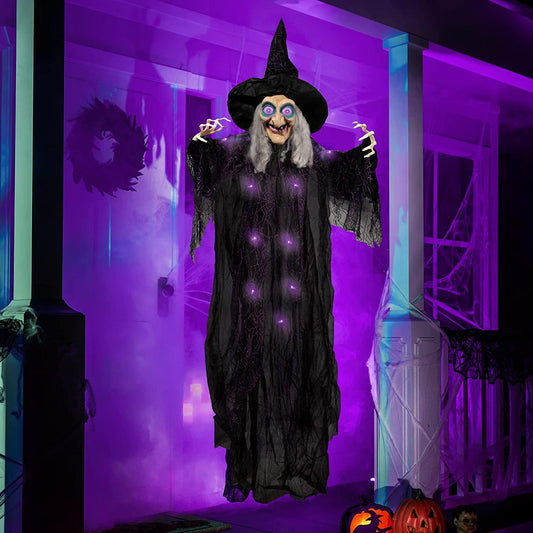 72” Hanging Animated Talking Witch Decoration with Light-Up Eyes and Sound Activation Function for Halloween Haunted House Prop Décor, Halloween Hanging Decorations, Outdoor/Indoor, Lawn Decor