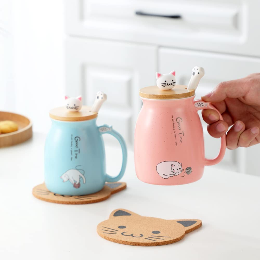 Cat Mug Cute Ceramic Coffee Cup with Lovely Kitty Lid Spoon,Morning Cup Tea Milk Christmas Mug 380ML