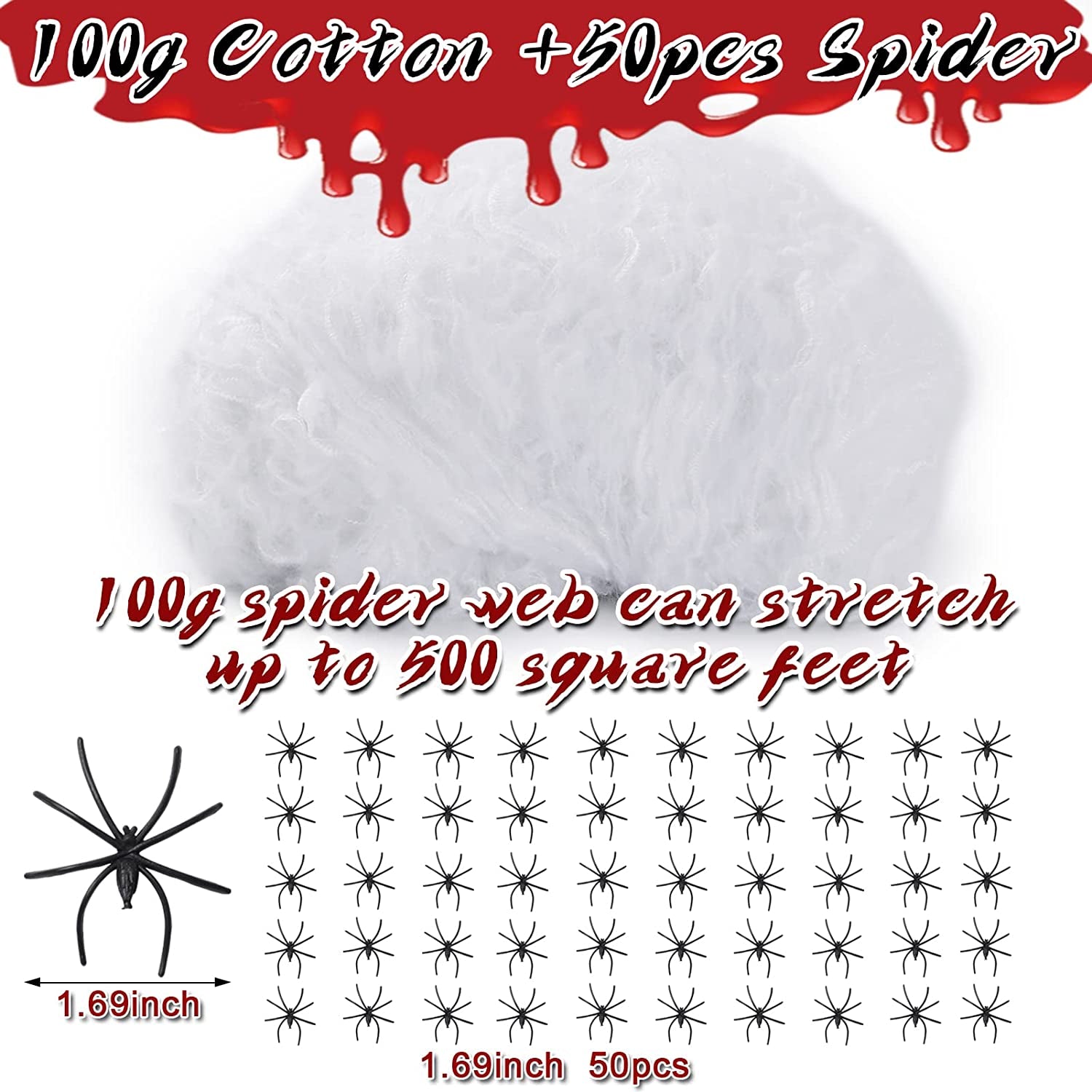 100G Halloween Spider Web Decoration, 50 Pcs Spiders Stretchable Stretch Cobweb for Halloween Haunted House Decor Scary Scence Party Supplies