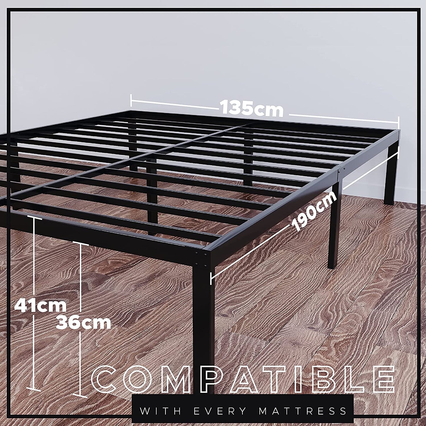 Metal Base for Bed - for Mattress 135X200 Cm - for Double Beds or Mattresses - Sturdy, Easy Assembly, Large Storage Area - Black Bed Frame