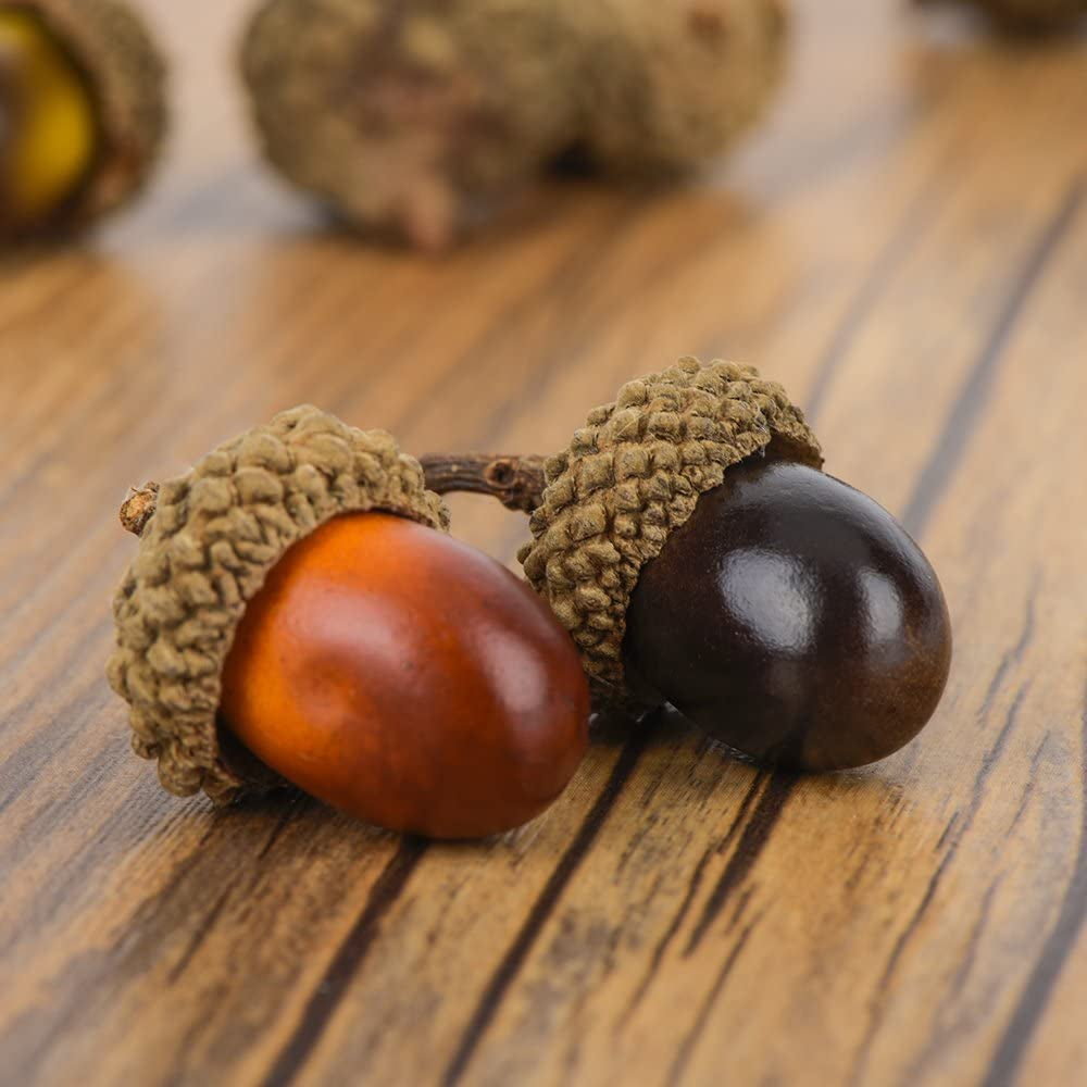 100 Pcs Artificial Acorns with Natural Acorn Cap, 2 Color Small Fake Acorns for Craft, Wedding, Festival Party and Home Decoration