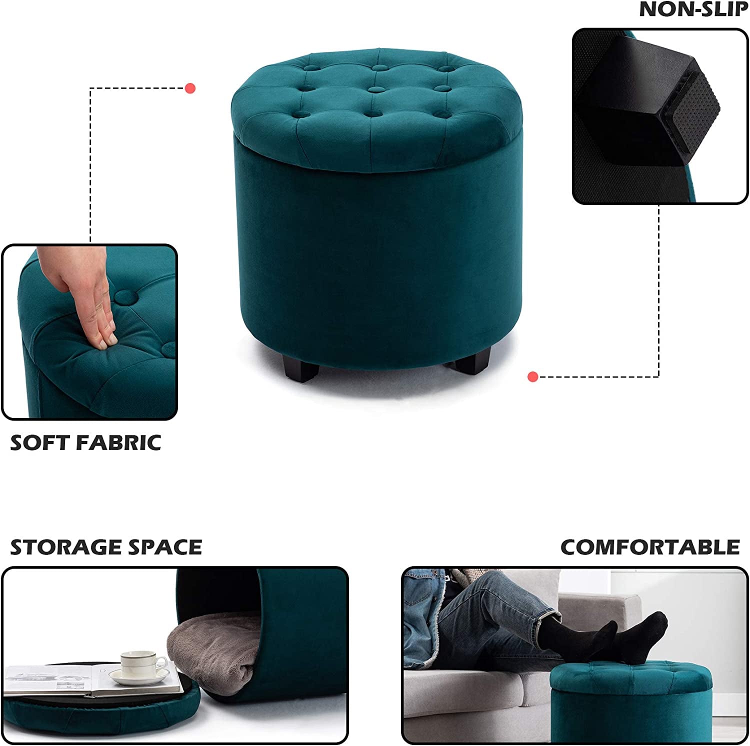 45Cm round New Velvet Padded Seat Ottoman Storage Stool Box, Footstool Pouffes Chair with Lids (Teal, Velvet)
