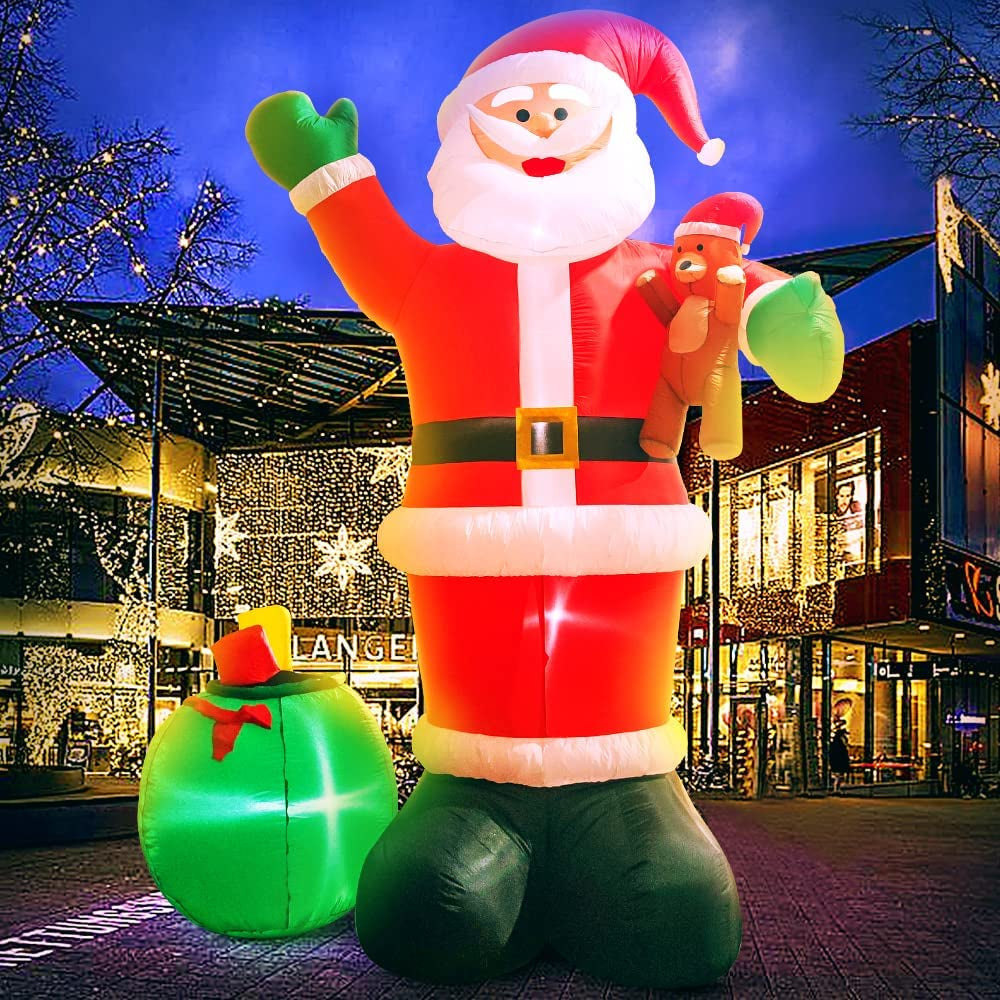 12FT Huge Christmas Inflatable Decoration Santa Claus Carry Gift Bag and Bear, LED Lights Blow up Yard Decoration,For Holiday Xmas Party ,Indoor,Outdoor,Garden,Yard Lawn Winter Decor