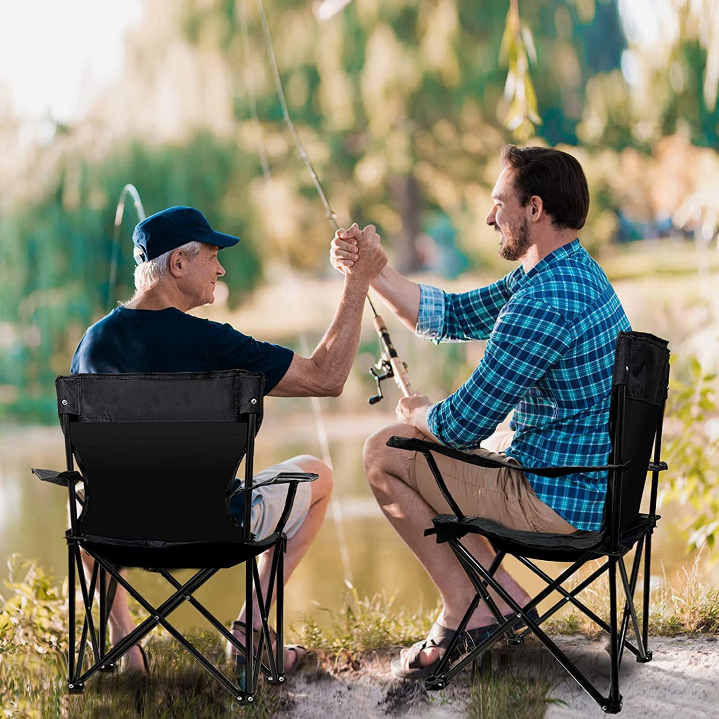 2Packs Lawn Chairs Portable Chair with Strap Bag Beach Chairs Folding Lightweight Sturdy Camping Chairs Beach Chairs with Beverage Holder Black