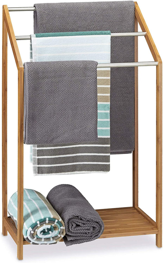 Bamboo Towel Holder Freestanding Shelf Modern with 3 Rails, Brown, 85 X 51 X 31 Cm