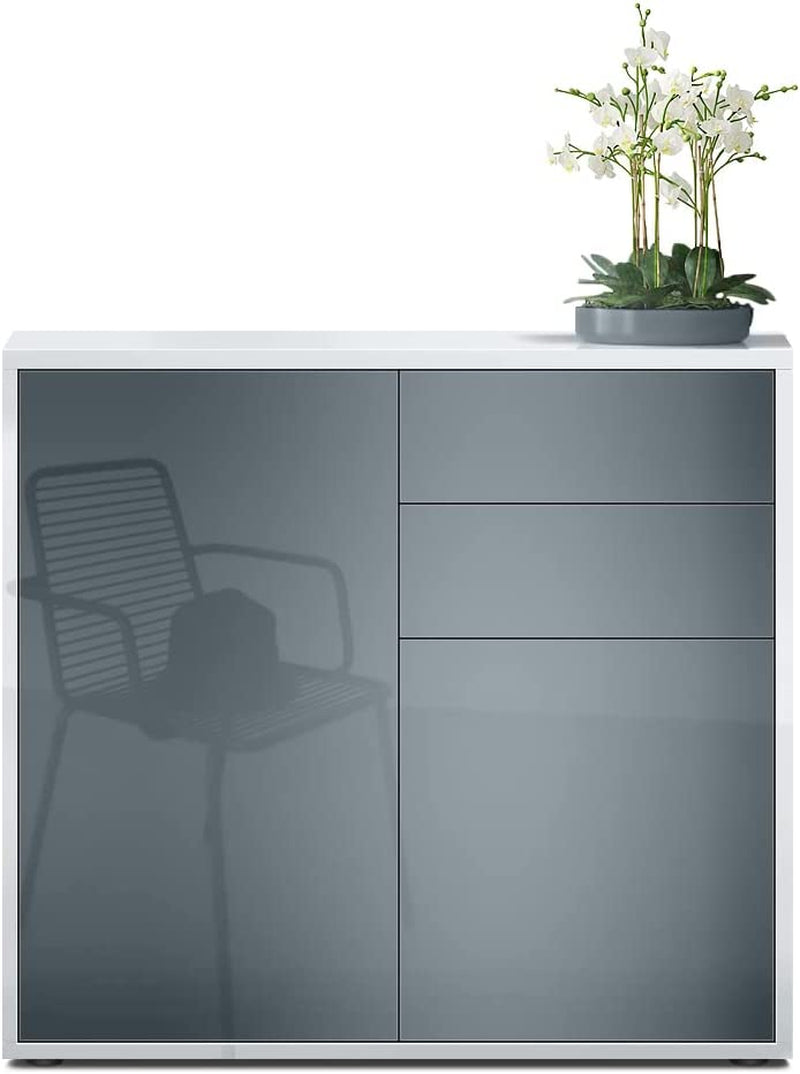Ben Sideboard, Cabinet with 2 Doors and 2 Drawers, White High Gloss/Grey High Gloss (79 X 74 X 36 Cm)