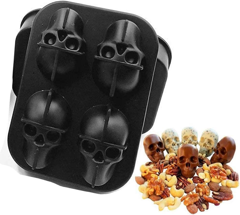 3D Skull Ice Cube Moulds, Silicone Ice Cube Tray Maker,Makes 4.6 X 4Cm Ice Skulls for Gin Glasses, Whiskey, Scotch, Cocktail and Liqueur Glasses-Black (1 * 4 Skull Cubes)