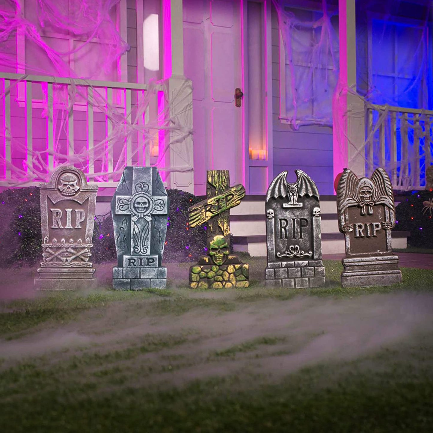 17”/43Cm Halloween Foam RIP Graveyard Tombstones (5 Pack), Headstone Decorations and 12 Bonus Metal Stakes for Halloween Yard Decorations