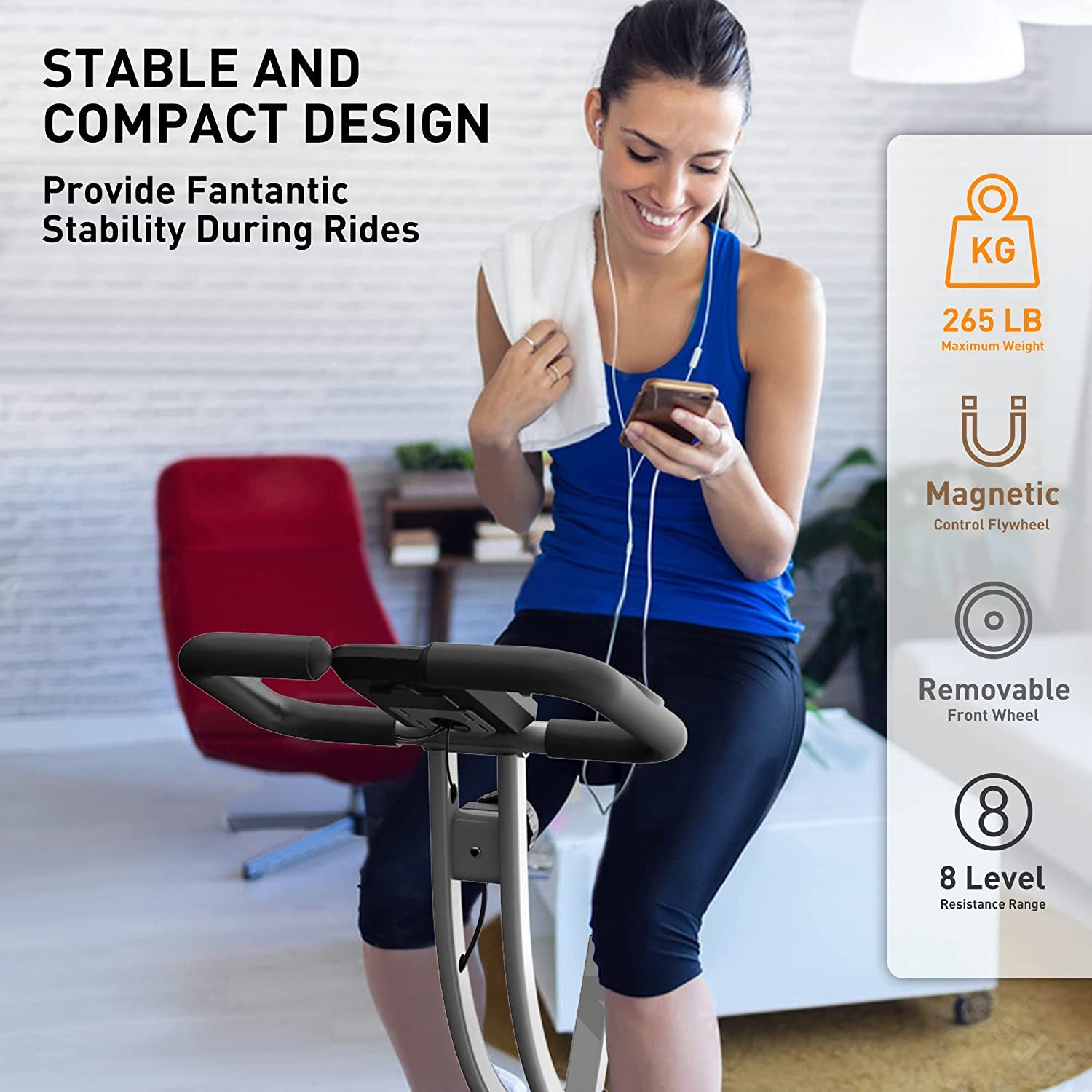 Foldable Exercise Bike 8 Resistance Levels F-Bike with Heart Rate Sensor+Phone Holder