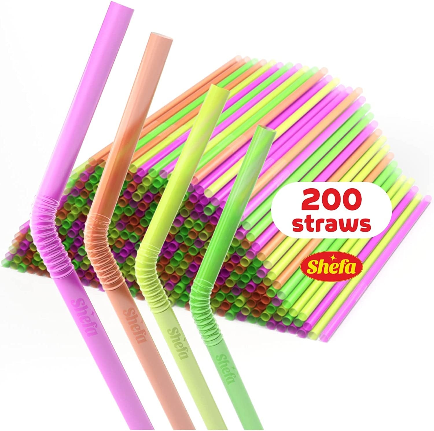 Plastic Straws - Flexible Drinking Straw Set - Reusable Straws for Parties, Picnic, Camping - Long Colored Straws for Cocktail, Juice, Soda - Thick and Durable Neon Straws… (Colourful - 200 Units)