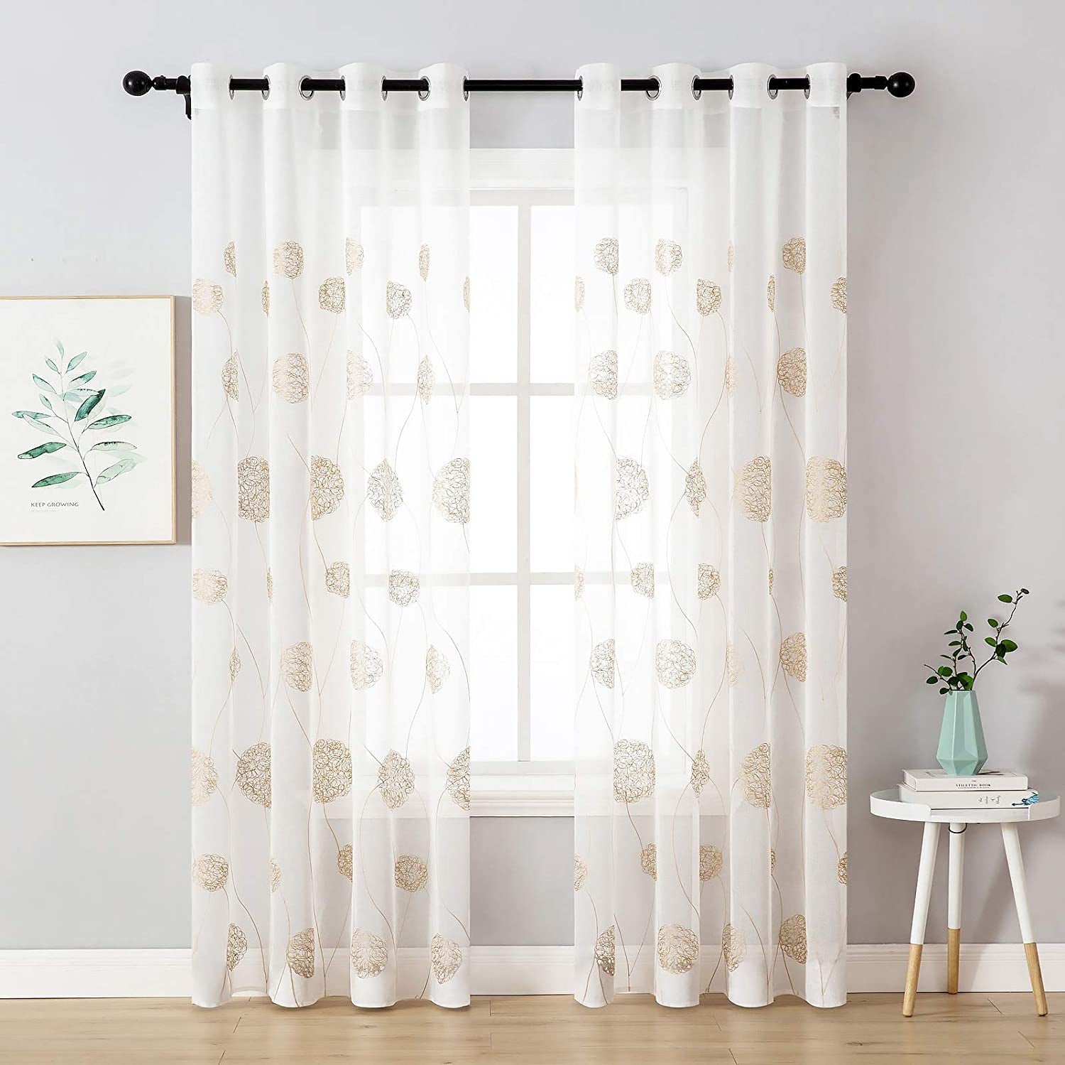 Embroidery Sheer Curtains Flora Design Grommet Window Curtain Semi Voile Drapes Panels with Eyelets Window Treatments for Living Room Bedroom 2 Panels 55" W X 69" L Gold