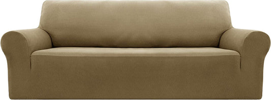 Full Coverage Jacquard Sofa Covers Stretch Slipcovers Small Checks Polyester Anti-Slip Spandex Fabric Sofa Fabric Protector Couch Cover(Three Seater, Khaki)