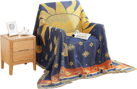 Decorative 100% Cotton Woven Throw Blanket Sofa Towel Cotton Warm Slipcover 130 X 180Cm (Sun Moon Stars)