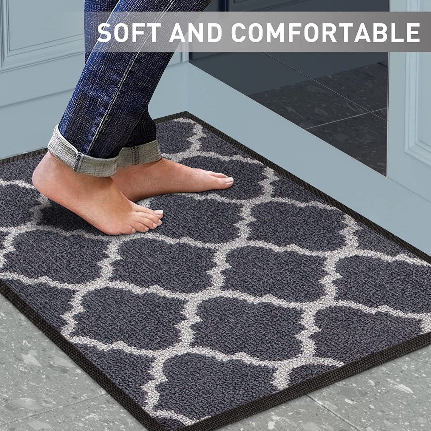 Door Mat Indoor 40 X 60 Cm, Grey Mat, Washable Barrier Mat, Super Absorbent Front Door Mat Carpet, Non Slip Rubber Backing Doormat, Heavy Duty Entrance Rug Dirt Trapper