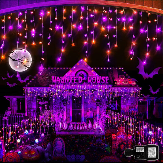 Halloween Lights 640 LED Icicle Lights Outdoor Decorations 66FT Waterproof Fairy Lights Plug in 120 Drops 8 Modes Timer String Lights for Home Roof Window Garden Yard Patio Decor (Purple & Orange)