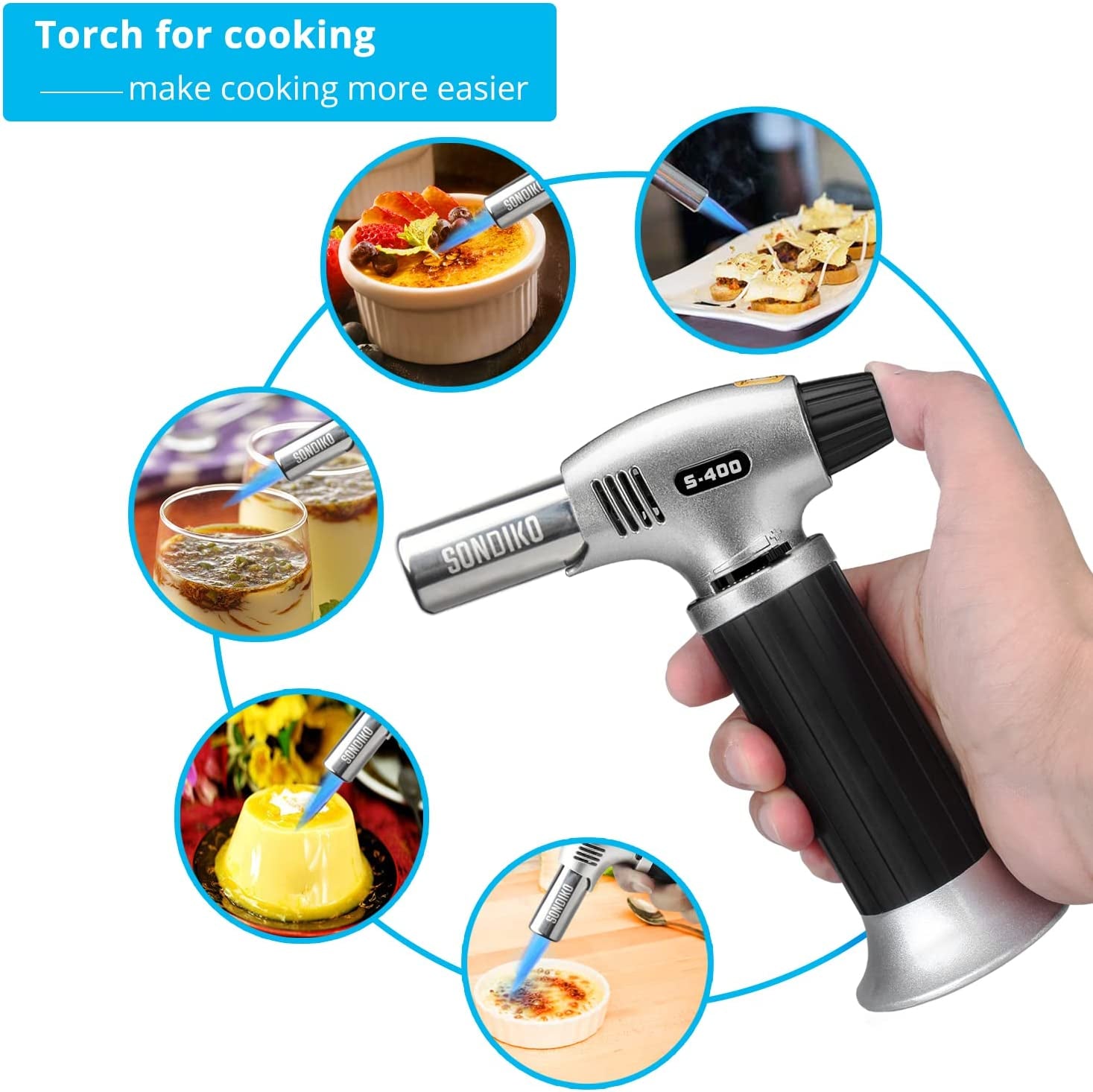 Blow Torch S400, Fits All Butane Tanks Refillable Kitchen Blow Torch Lighter with Safety Lock and Adjustable Flame Perfect for Desserts, Creme Brulee, BBQ and Bakingbutane-Gas Not Included