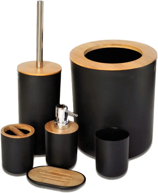 Belcka - 6 Pieces Bamboo Bathroom Accessories- Bathroom Bin and Toilet Brush Set- Durable Toothbrush Holder Cup- Soap Dispenser with Pump- Soap Dish Holder- Modern Trash Can- Black