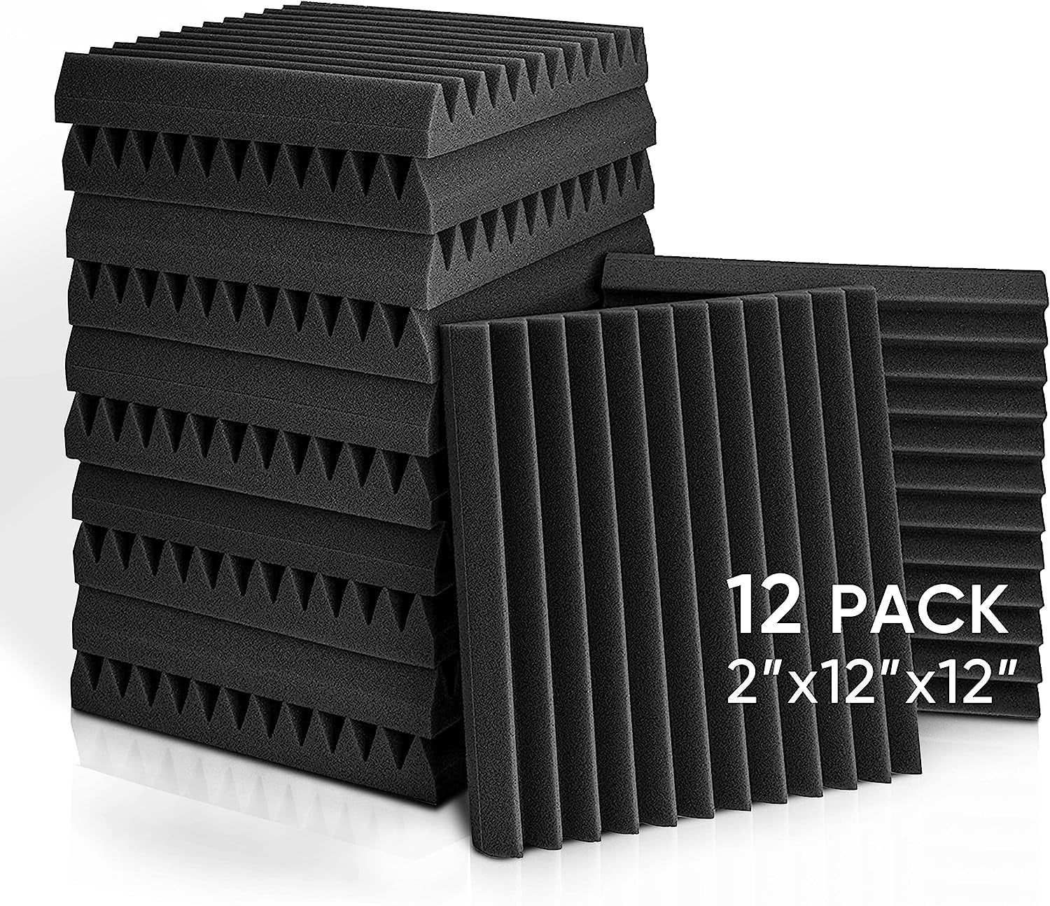 Acoustic Panels, 2" X 12" X 12" Acoustic Foam Panels, Studio Wedge Tiles, Sound Panels Wedges Soundproof Sound Insulation Absorbing Home and Office(12 Pack, Black)