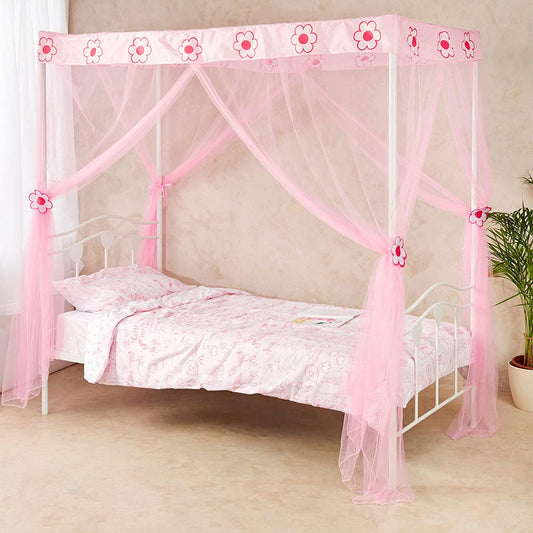 Girls Princess Pink Bed Canopy 4 Poster Style Bed Netting with Flowers Twin Bed Mosquito Easy Installation Net Ideal Birthday Gift Box Set