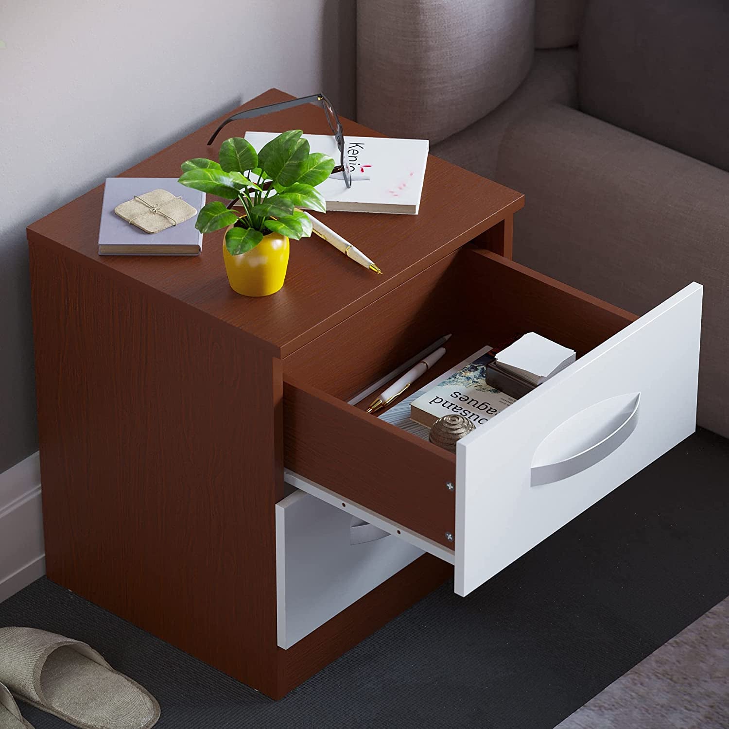 Amazon Brand - Movian High Gloss 2 Drawer Bedside Cabinet, White and Walnut, 47 X 40 X 36 Cm
