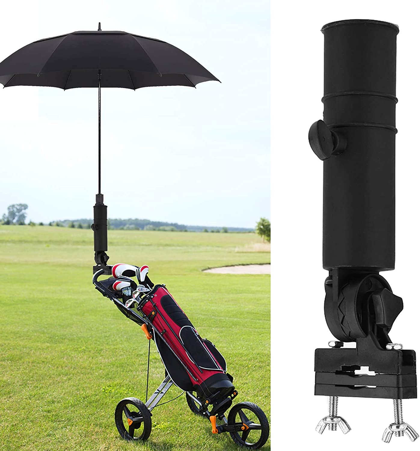 Golf Cart Umbrella Holder, Universal Adjustable Golf Cart Umbrella Stand Plastic Golf Trolley Umbrella Holder for Many Golf Cart Rounded Handles, Easy to Install, Black