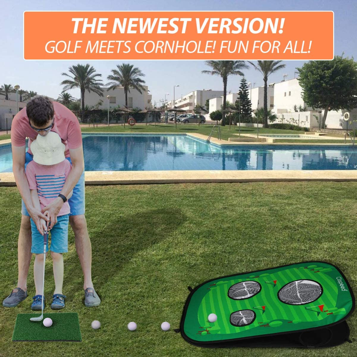 Backyard Golf Cornhole Game Set Pop up Golfing Chipping Net Includes 16 Training Balls,1 Hitting Mat and 4 Stakes