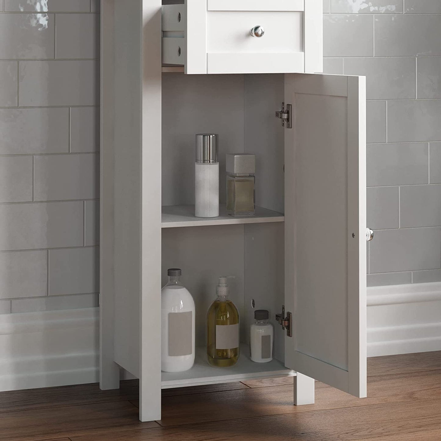 Priano Tall Mirrored Bathroom Cabinet Storage Cupboard Floor Standing Tallboy Unit, White