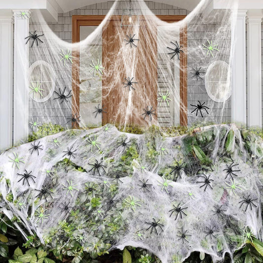 Halloween Decorations Spider Cobwebs - 1000Sqft Spider Webs +100 Black Spiders +50 Fluorescent Spiders, Indoor Outdoor Spooky Spider Webbing with Fake Spiders for Halloween Party Decorations