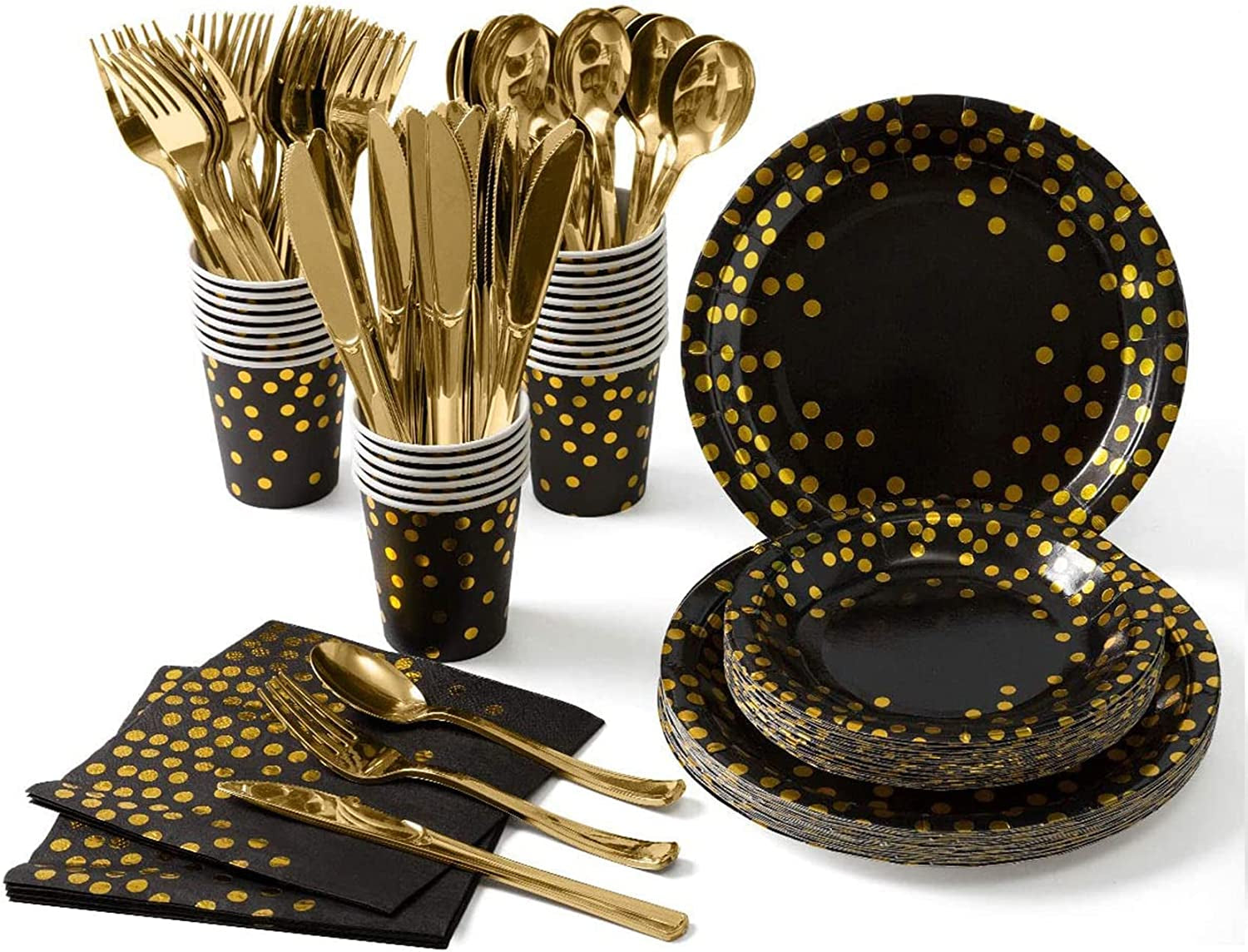 Party Tableware,141 Pcs Foil Dots Party Supplies Party Tableware, Dinnerware Set, Party Paper Cups Plates Napkins Cutlery,For Birthday,Weddings,Anniversary Decorations (20 Guests) (Black Gold)