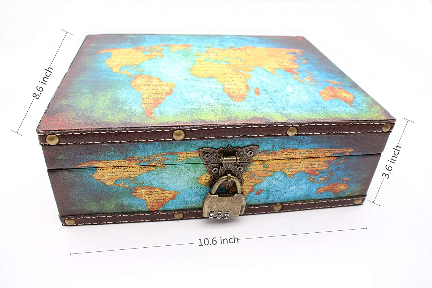 Vintage Wood Treasure Chest Keepsake Jewelry with Map Leather Surface |Treasure Box Kids Pirate Treasure Chest with Lock |Kids Storage Treasure Chest, Also for Teenagers and Adults 10.6"*8.6"*3.6"