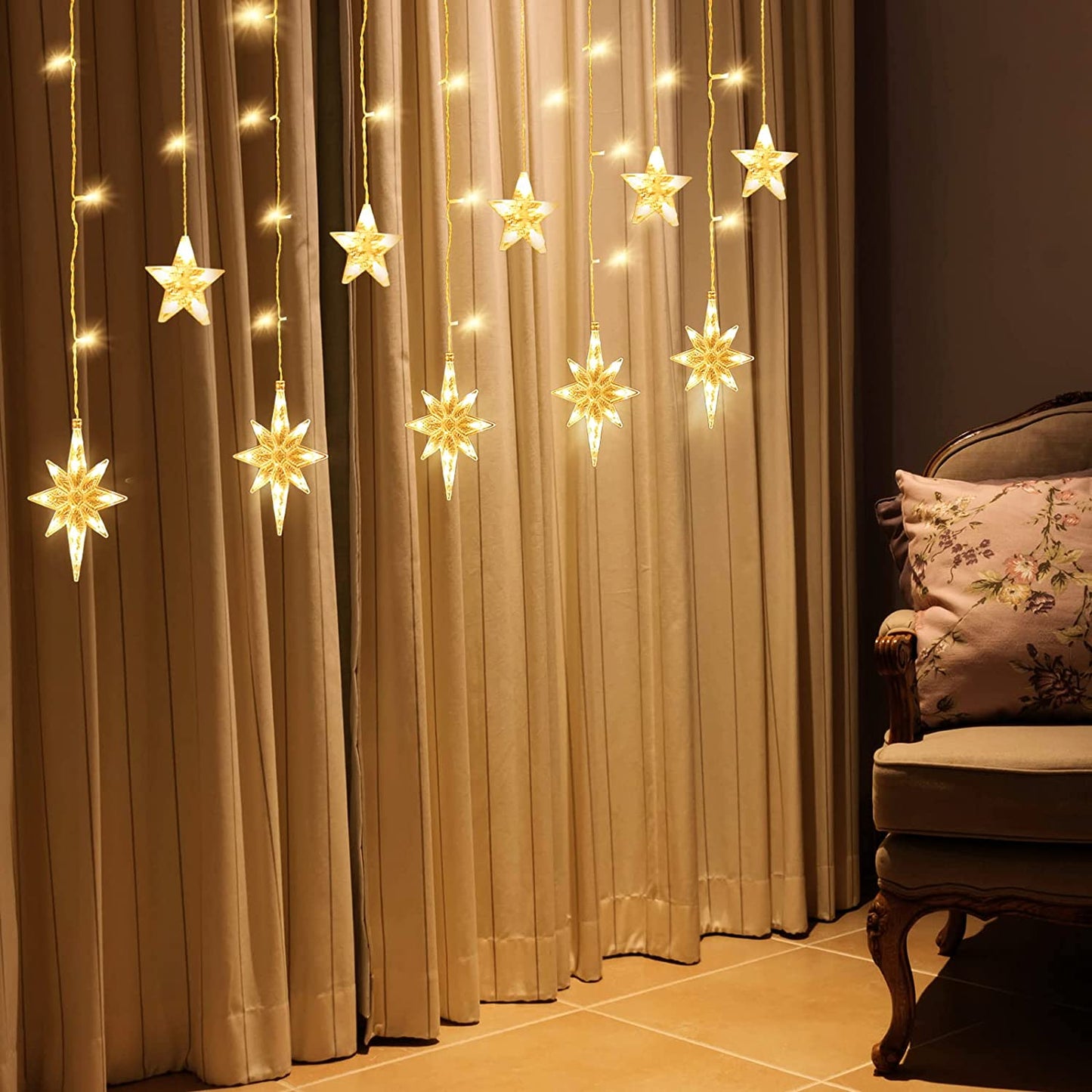 Polaris Star Curtain Lights, 3.5M Battery Fairy Lights with 120Pcs LED, 8 Modes Window Star Curtain Lights, Fairy Lights for Christmas,Bedroom,Wedding,Party,Decorations