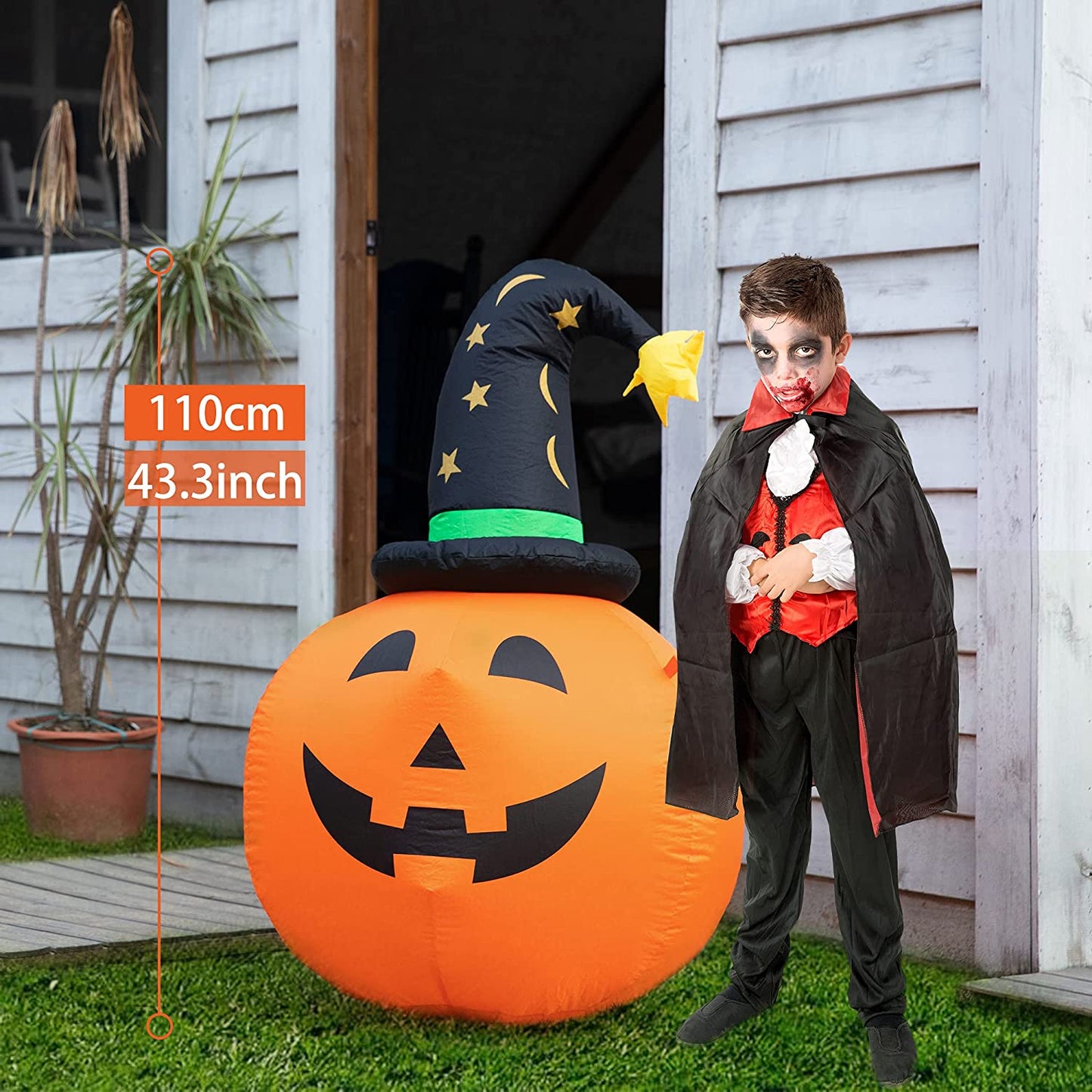 Halloween Decorations Outdoor Inflatable Pumpkin with Witch Hat 1.1M with LED Lights for Halloween Yard Decoration and Party