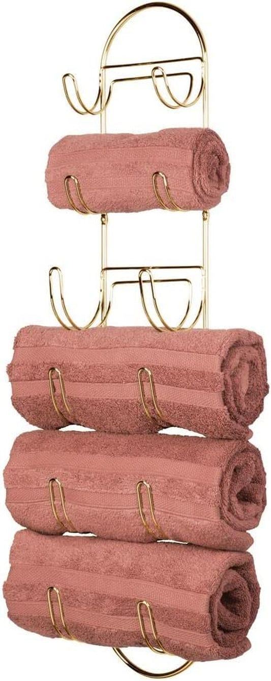 Wall-Mounted Towel Storage Rack – Hanging Caddy for the Bathroom or Bedroom – Modern Hanging Hooks for Bathroom Storage – Brass